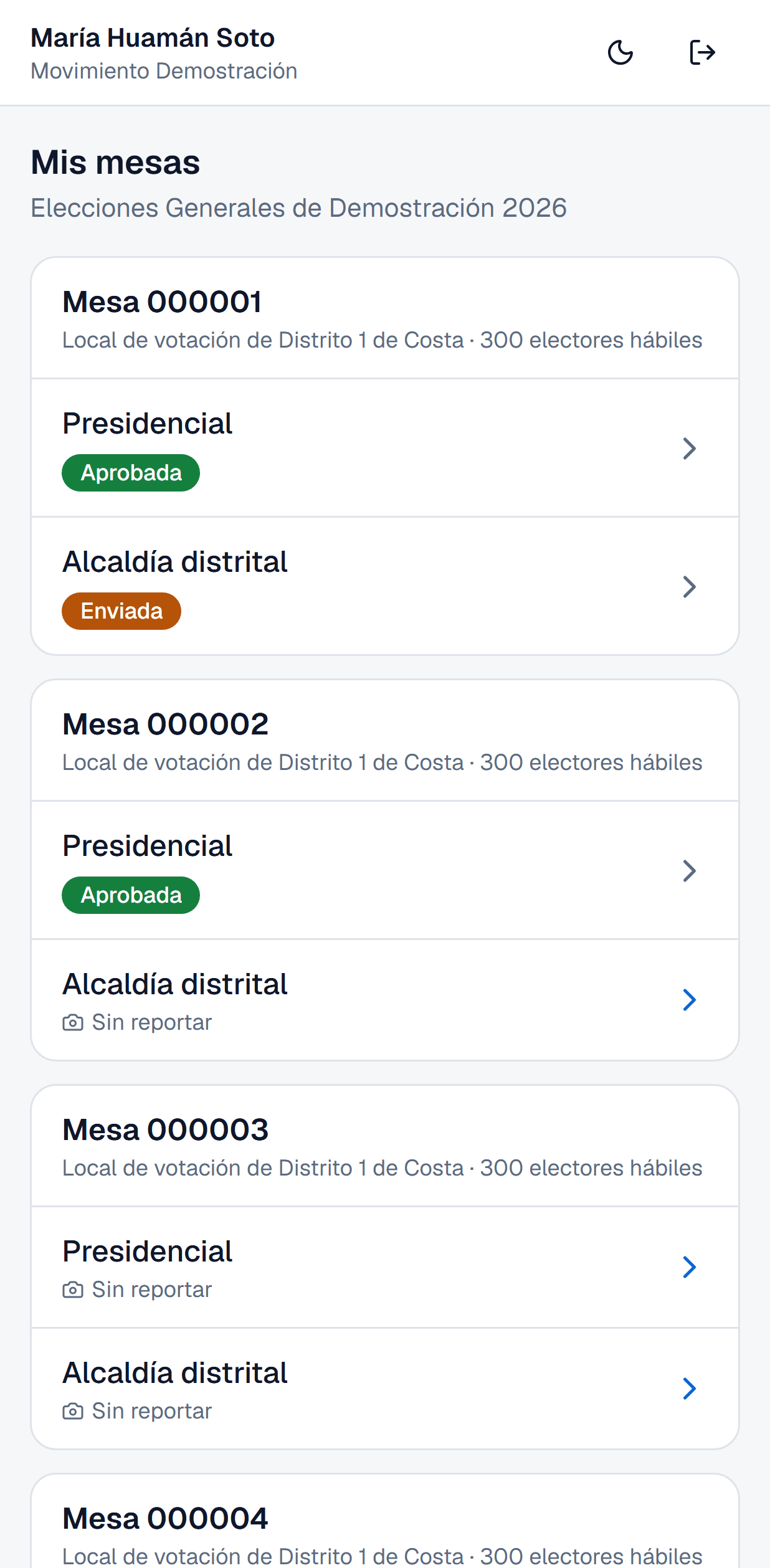 Vista de campo en el teléfono: las mesas asignadas a un personero, con el estado de cada acta